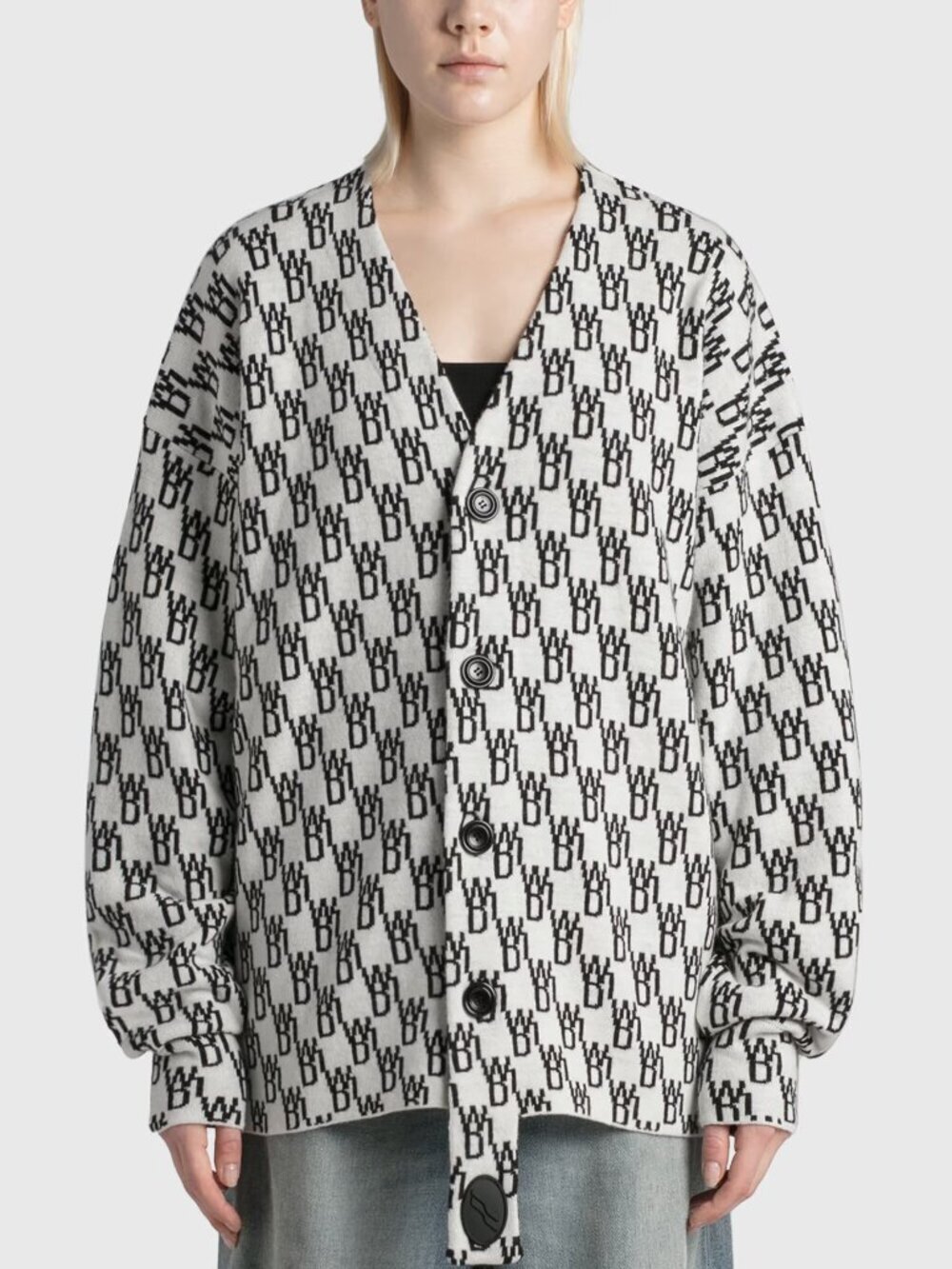 WE11DONE WD1 White Black Logo Wool Cashmere Jacquard Cardigan Sweater, Size S